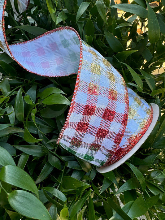 White with Red/Gold/Green Glitter Check Wired Ribbon 2.5"X 10YDS
