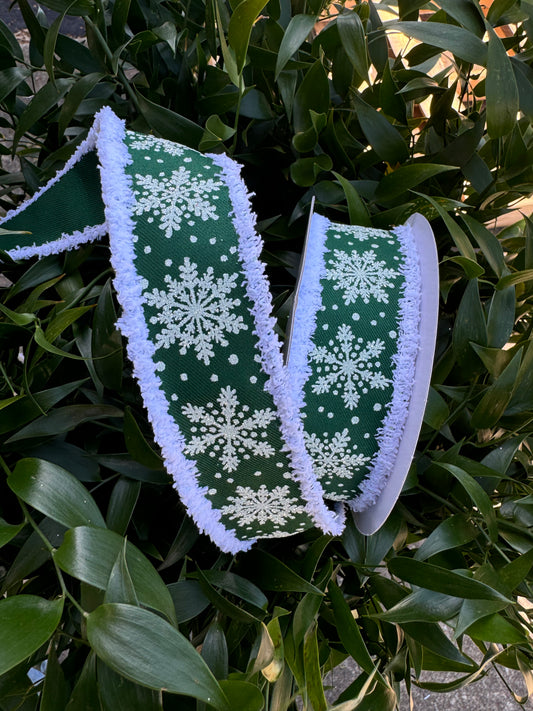Dark Green with White Glitter Snowflakes and White Shag Edge Wired Ribbon 1.5"x 10YDS