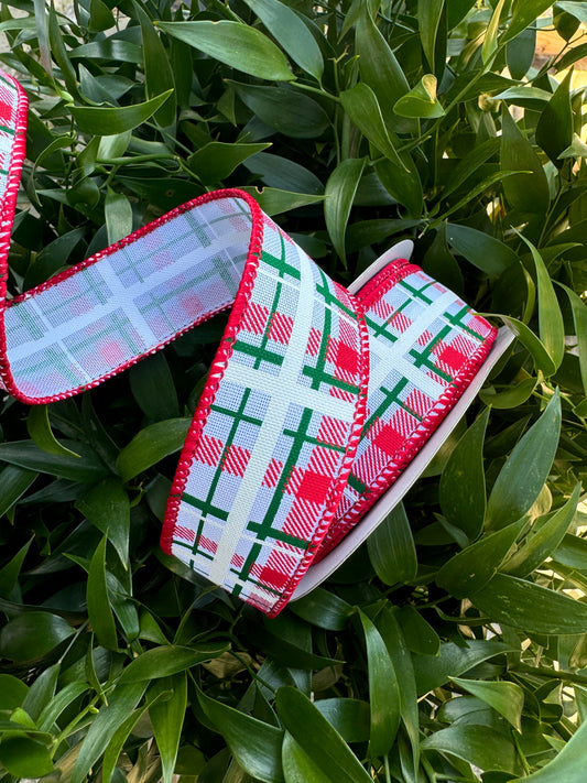 Red/Green/White on White Plaid Wired Ribbon 1.5"x 10YDS