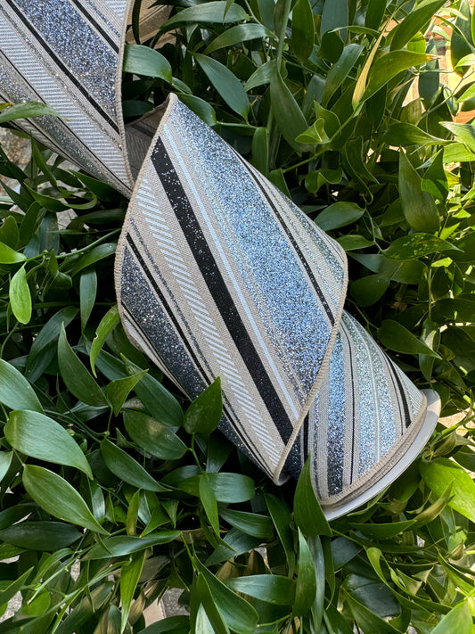 Beige/White with Black/Silver Glitter Diagonal Striped Ribbon 4"x 10YDS