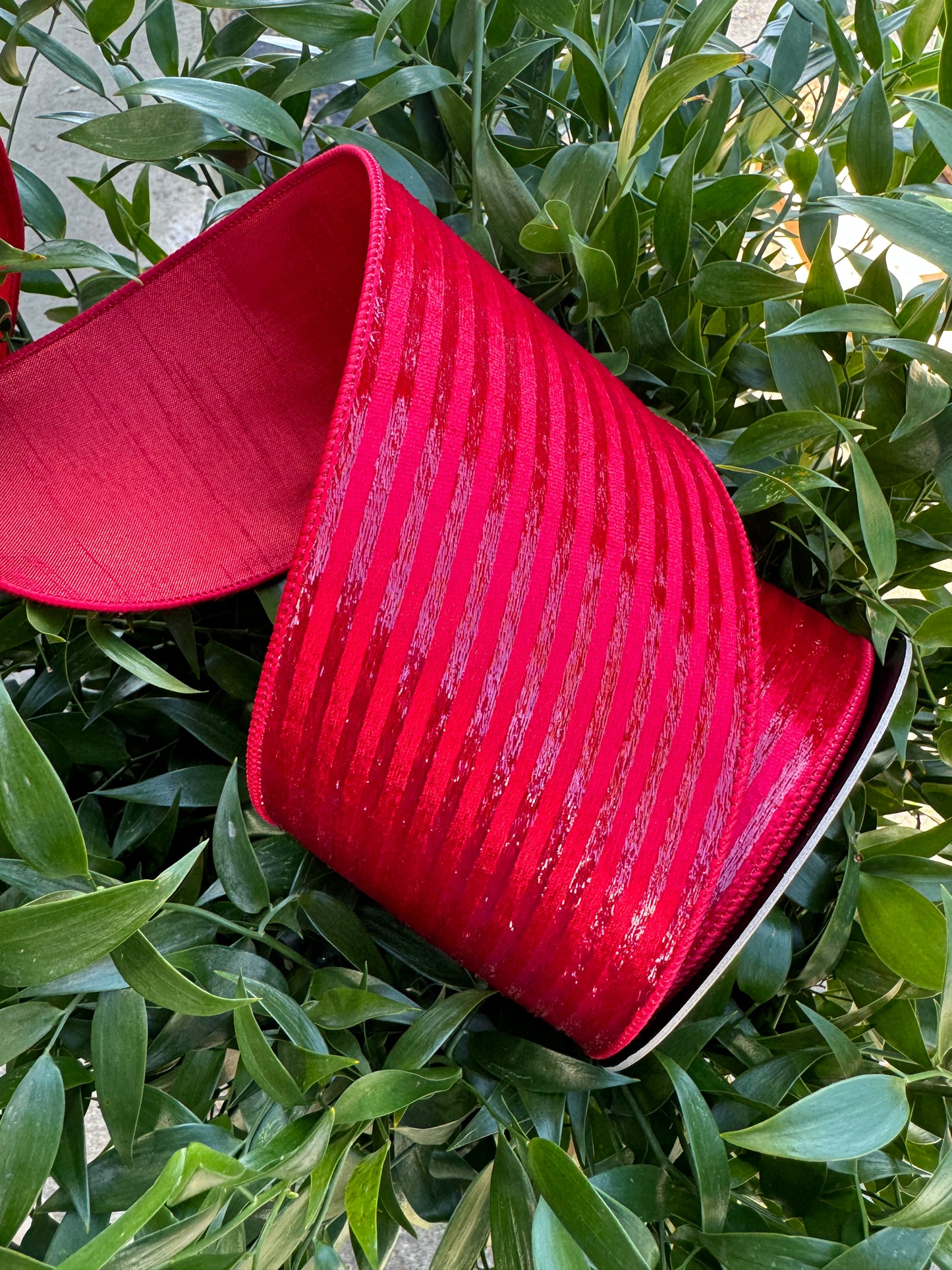 Red Velvet with Metallic Red Horizontal Stripes Wired Ribbon 4"x 10YDS