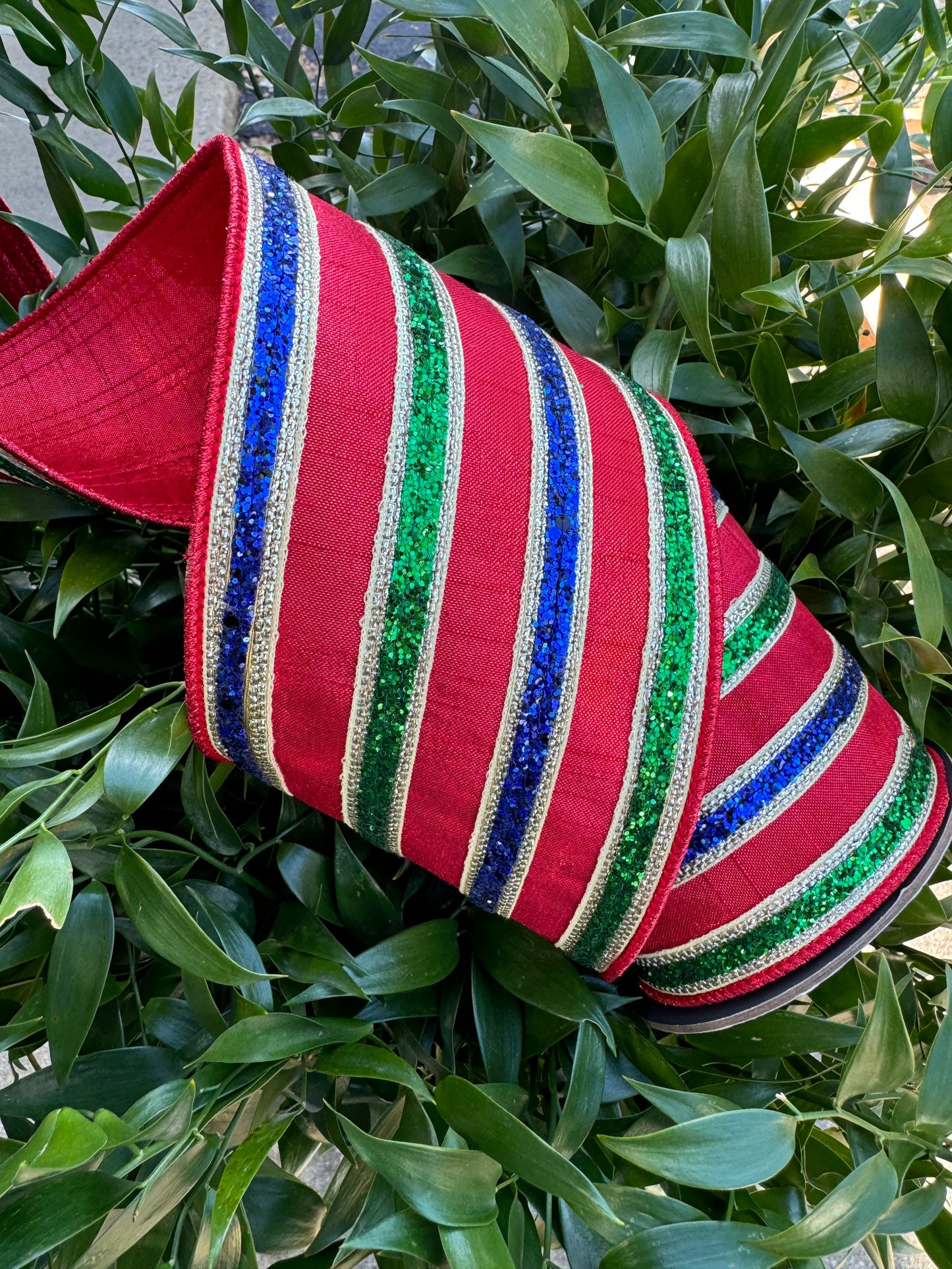 Metallic Red with Green/Blue/Gold Glitter Stripes Wired Ribbon 4"x 5YDS