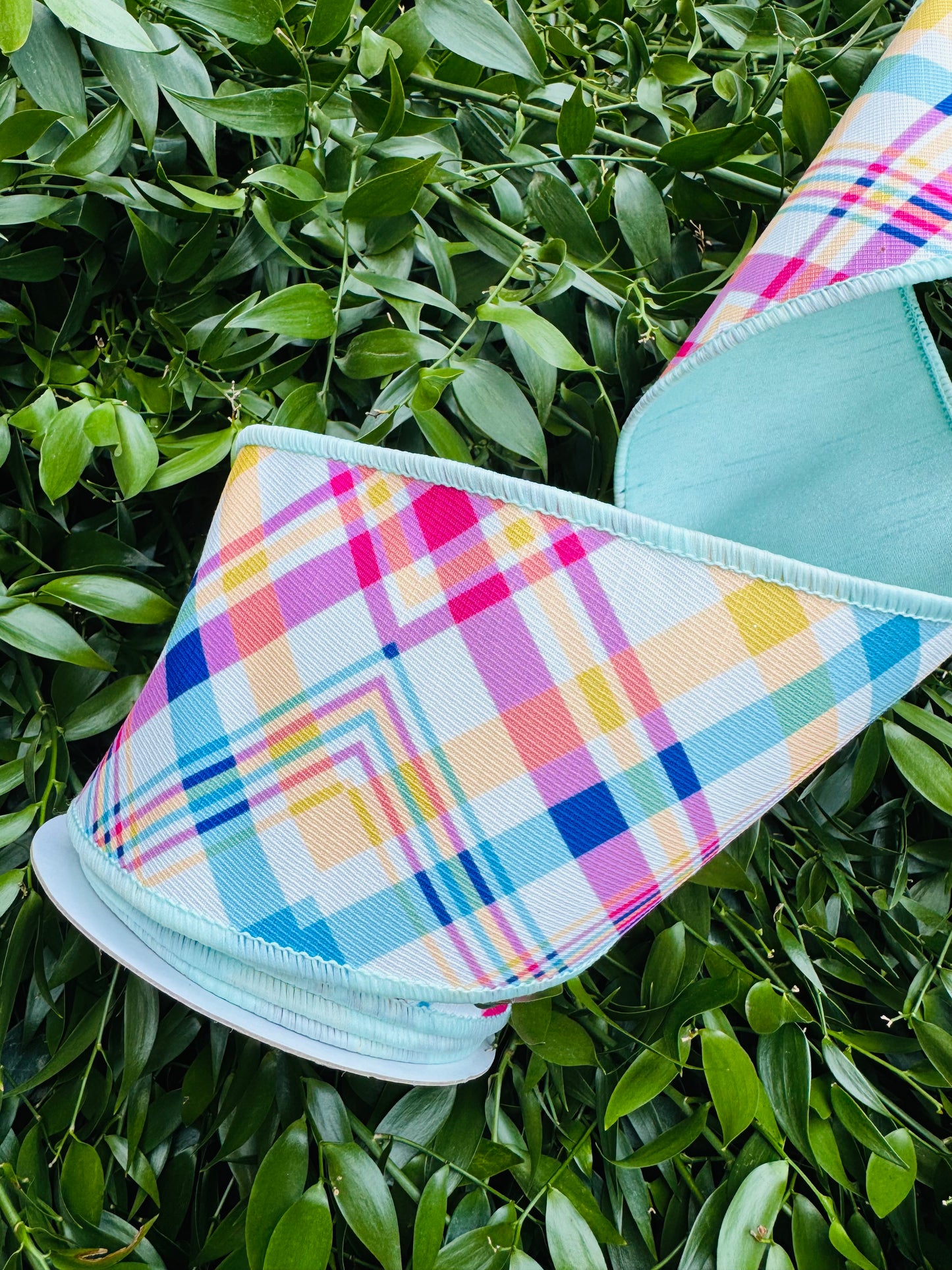 JME heavy wired ribbon. Multicolor Diagonal Plaid with AQUA Dupion Back 4"x 10YDS