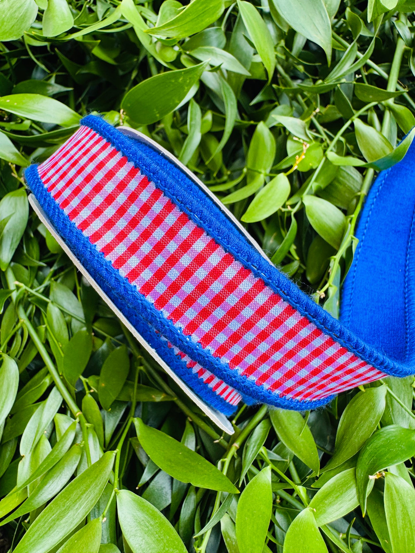 JME heavy wired ribbon. RED/WHITE Mini Check with Dark Blue Dupion Back 1"x 10YDS