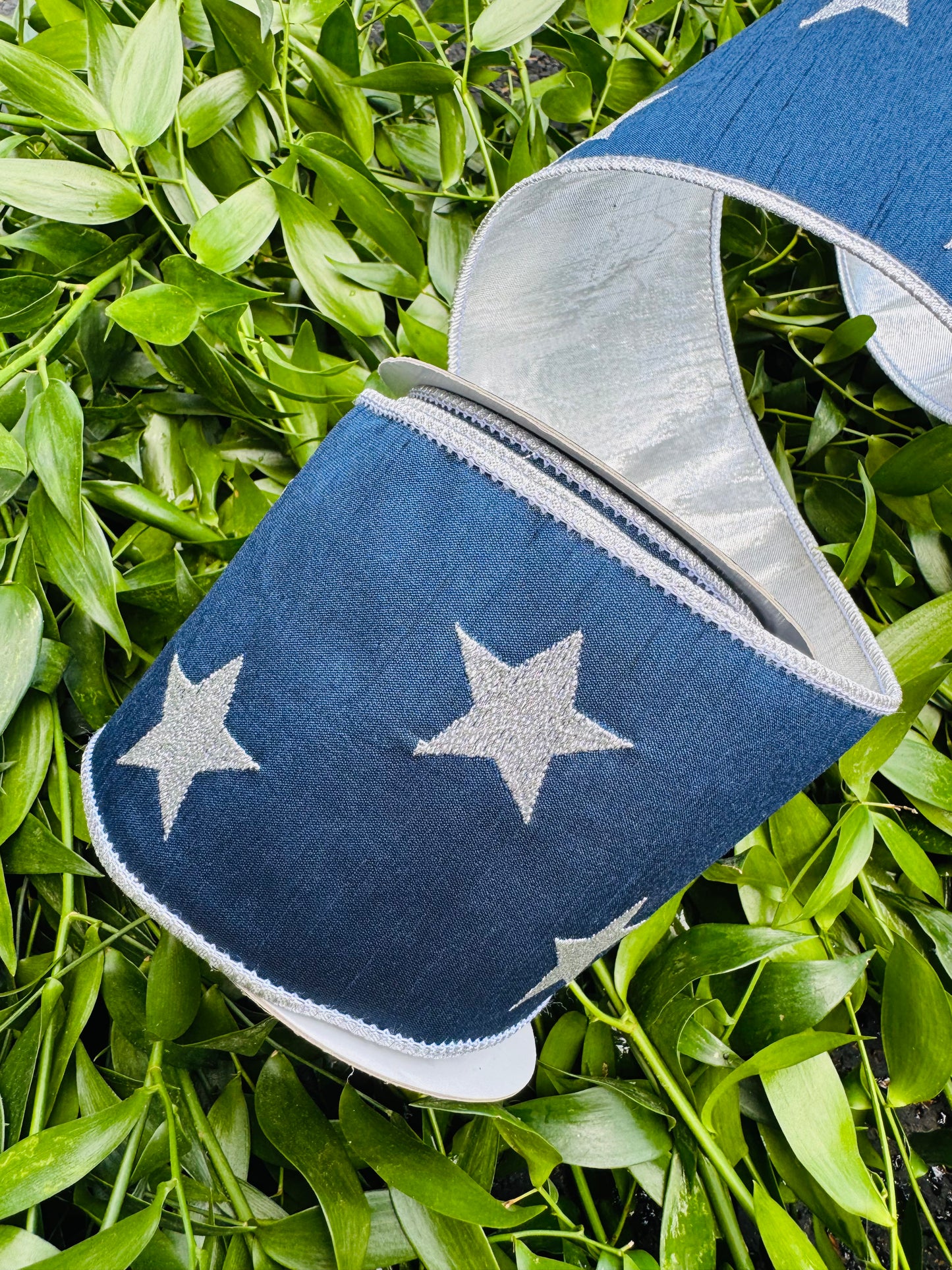 JME heavy wired ribbon. NAVY Dupion with Embroidered Silver Stars and Metallic Silver Back 4"x 10YDS