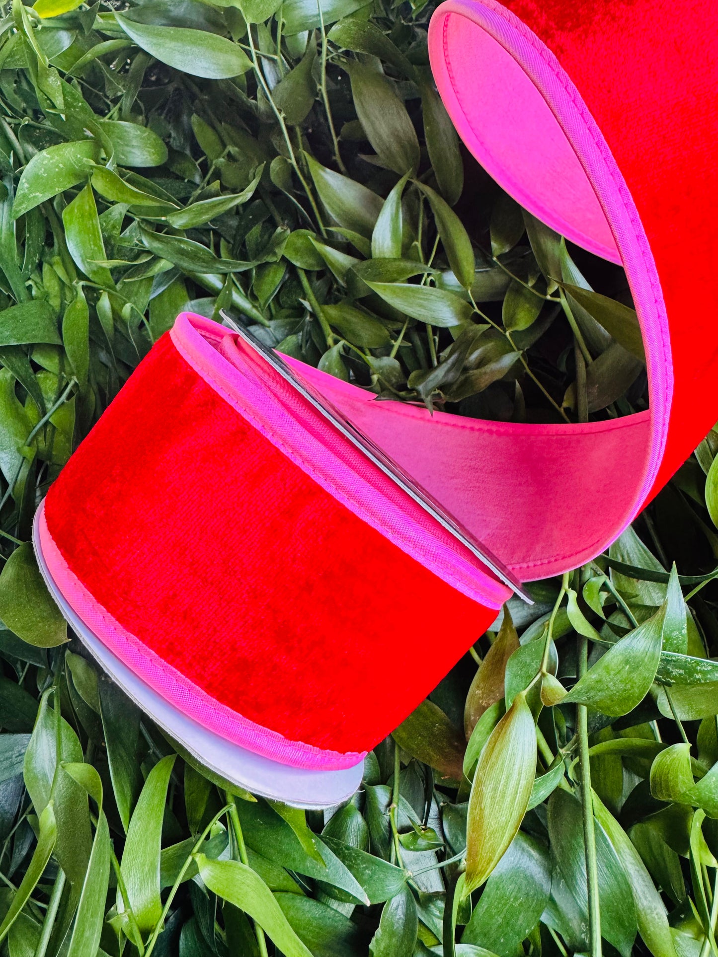 JME heavy wired ribbon. Red velvet with Hot Pink taffeta back 2.5" x 10 yards