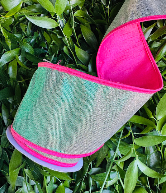 JME heavy wired ribbon double fused, Gold mesh over Green metallic with Pink dupion back 4"x 10yds