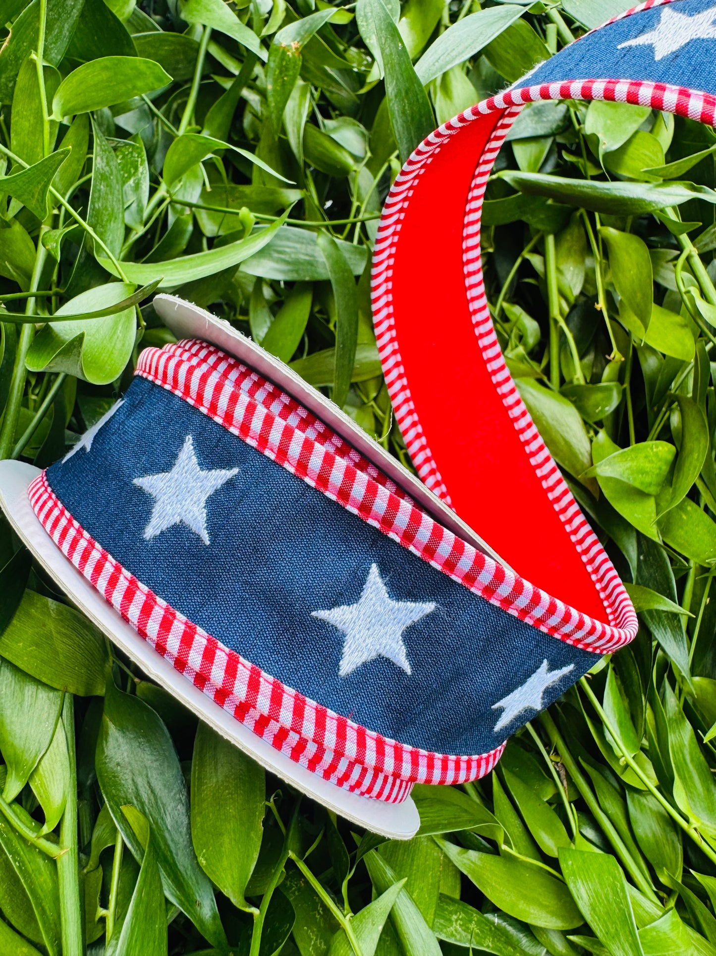 JME heavy wired ribbon. NAVY Dupion with White Embroidered Stars and Red Checked Trim 1.5"x 10YDS