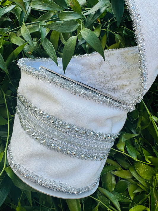 JME heavy wired ribbon double fused, White soft velvet with Sliver band and Sliver tinsel piping with White back and Silver snowflakes 4"x 5yds