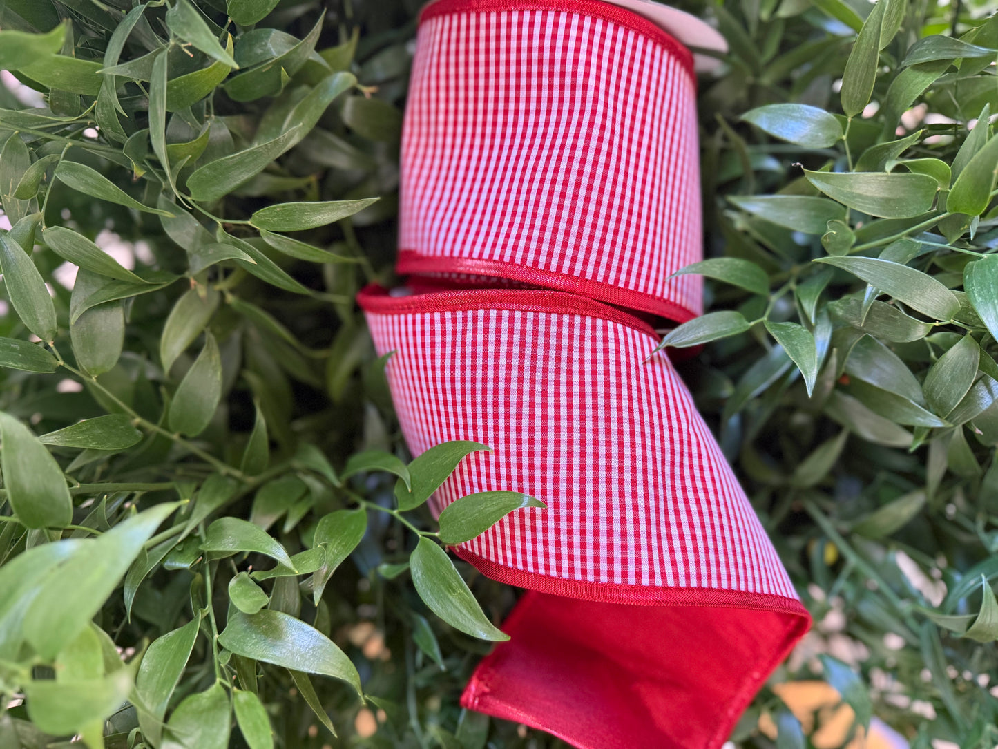 JME heavy wired ribbon. RED/WHITE Mini Check with Red Metallic Back 4"x 10YDS
