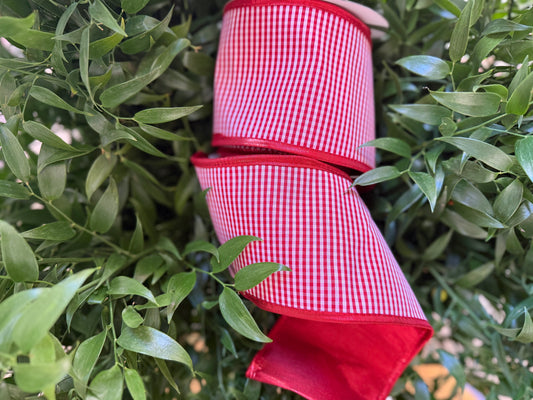 JME heavy wired ribbon. RED/WHITE Mini Check with Red Metallic Back 4"x 10YDS