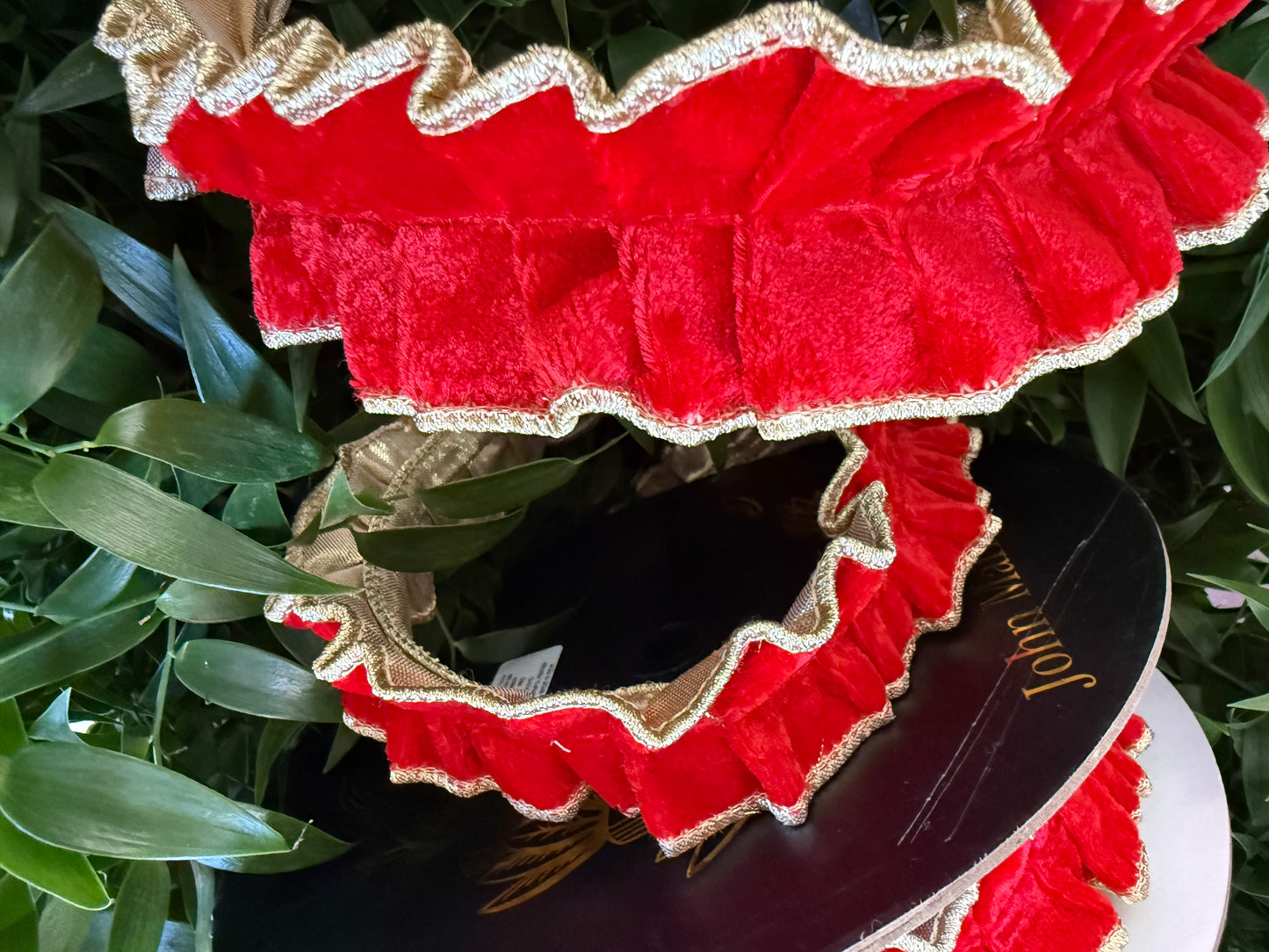 JME heavy wired ribbon. RED Velvet Pleating with Gold Metallic Back 2"x 10YDS