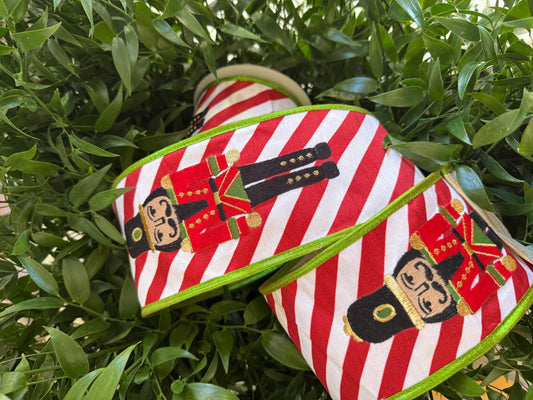 JME heavy wired ribbon. RED/WHITE Stripes with Embroidered Nutcracker 4"x 10YDS