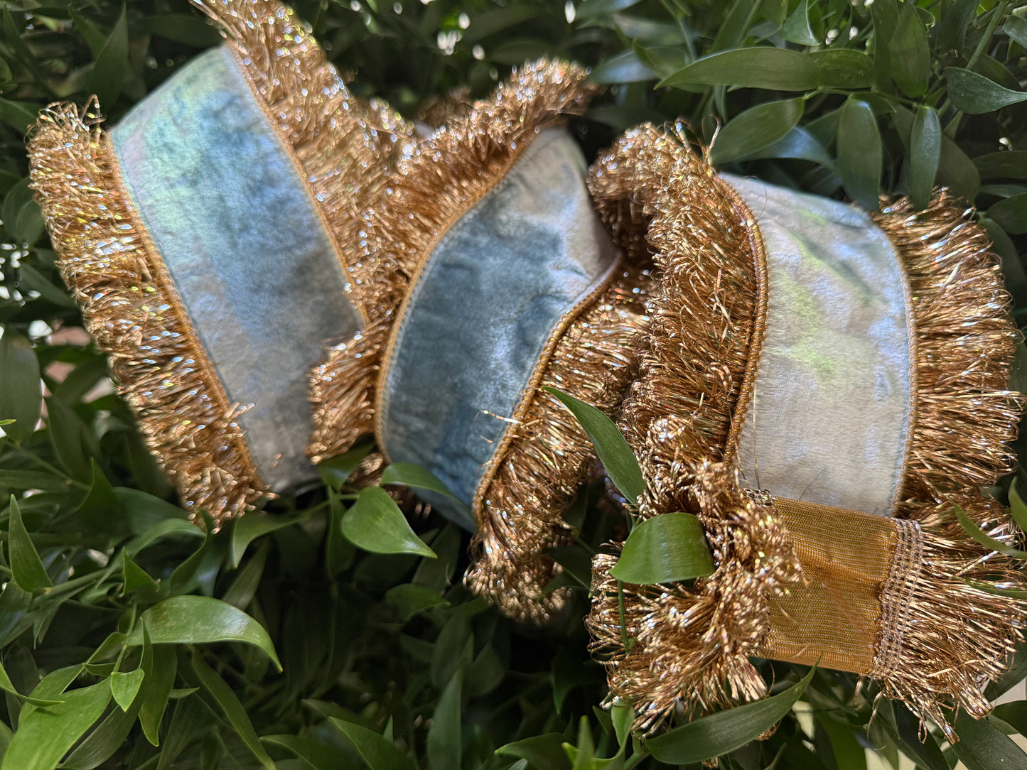 JME heavy wired ribbon. AQUA Velvet with Gold Tinsel Shag Edge 4"x 10YDS