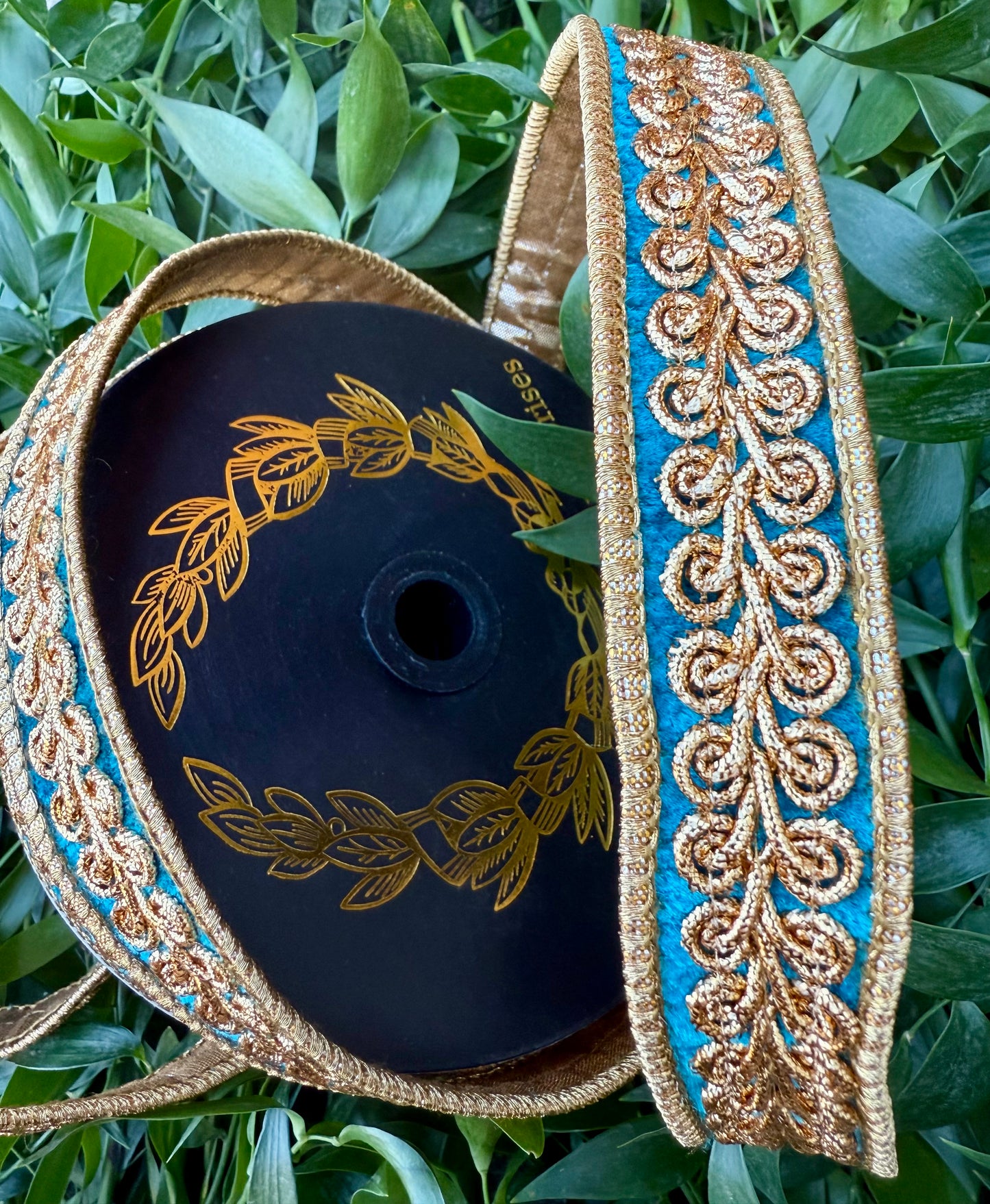 JME heavy wired ribbon. TEAL  velvet with gold embroidered design and back with gold metallic. 1“ x 10 yards.