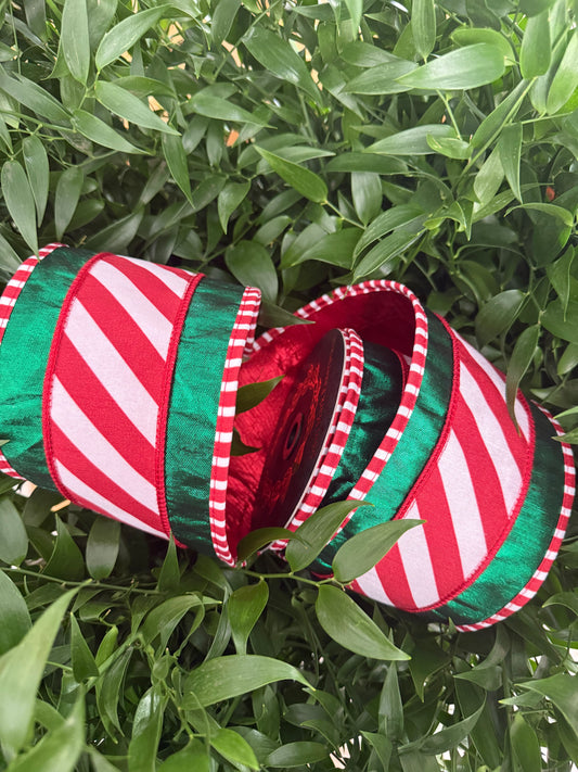 JME heavy wired ribbon. GREEN Metallic with Red/White Striped Band and Red Metallic Back 4"x 10YDS