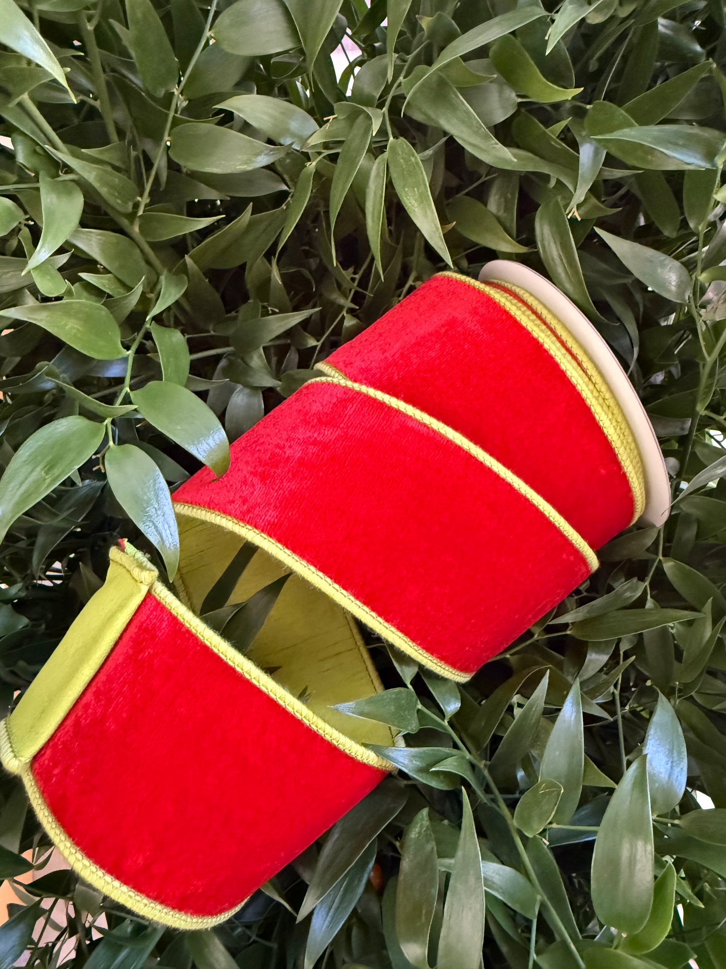 JME heavy wired ribbon. RED Velvet with Lime Dupion Back 2.5"x 10YDS