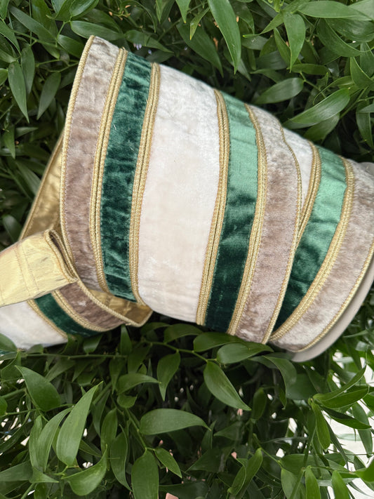 JME heavy wired ribbon. GRAY/GREEN/IVORY Velvet Stripes with Gold Metallic Back 6"x 10YDS