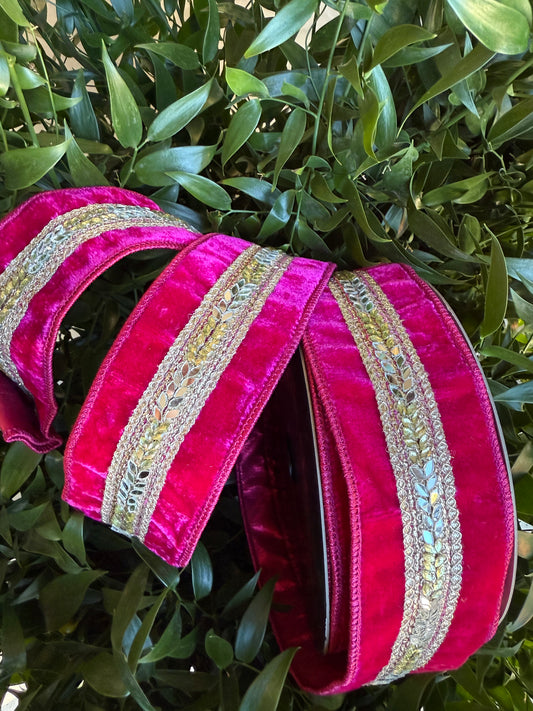 JME heavy wired ribbon. FUCHSIA Velvet with Gold Leaf Jeweled Band and Metallic Back 2.5"x 10YDS