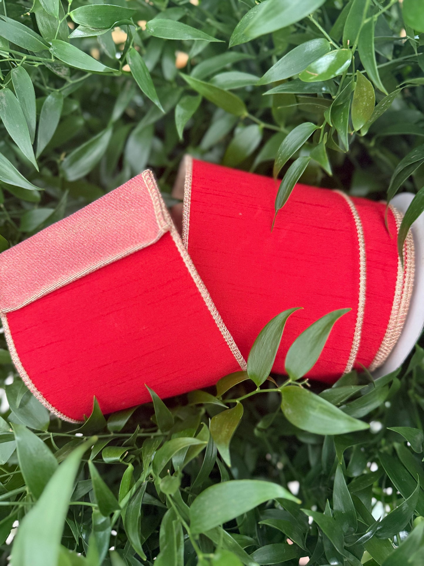 JME heavy wired ribbon. RED Dupion with Red/Gold Mesh Back 4"x 10YDS