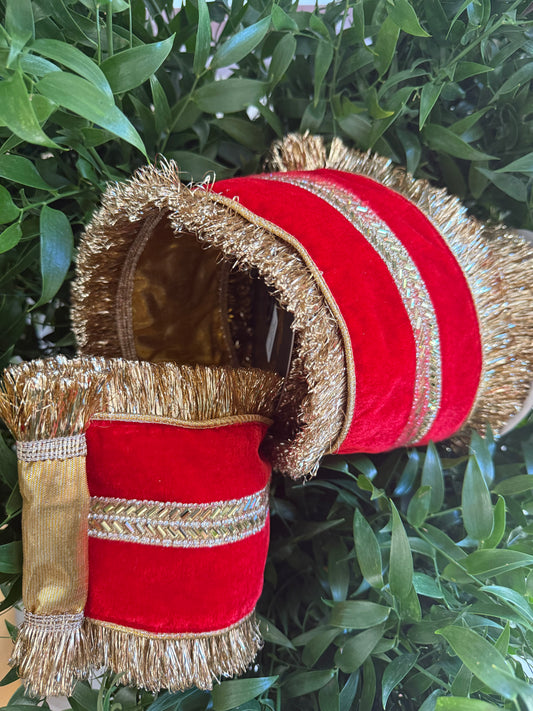 JME heavy wired ribbon. RED Velvet with Gold Jeweled Band and Tinsel Shag Edge 6"x 5YDS