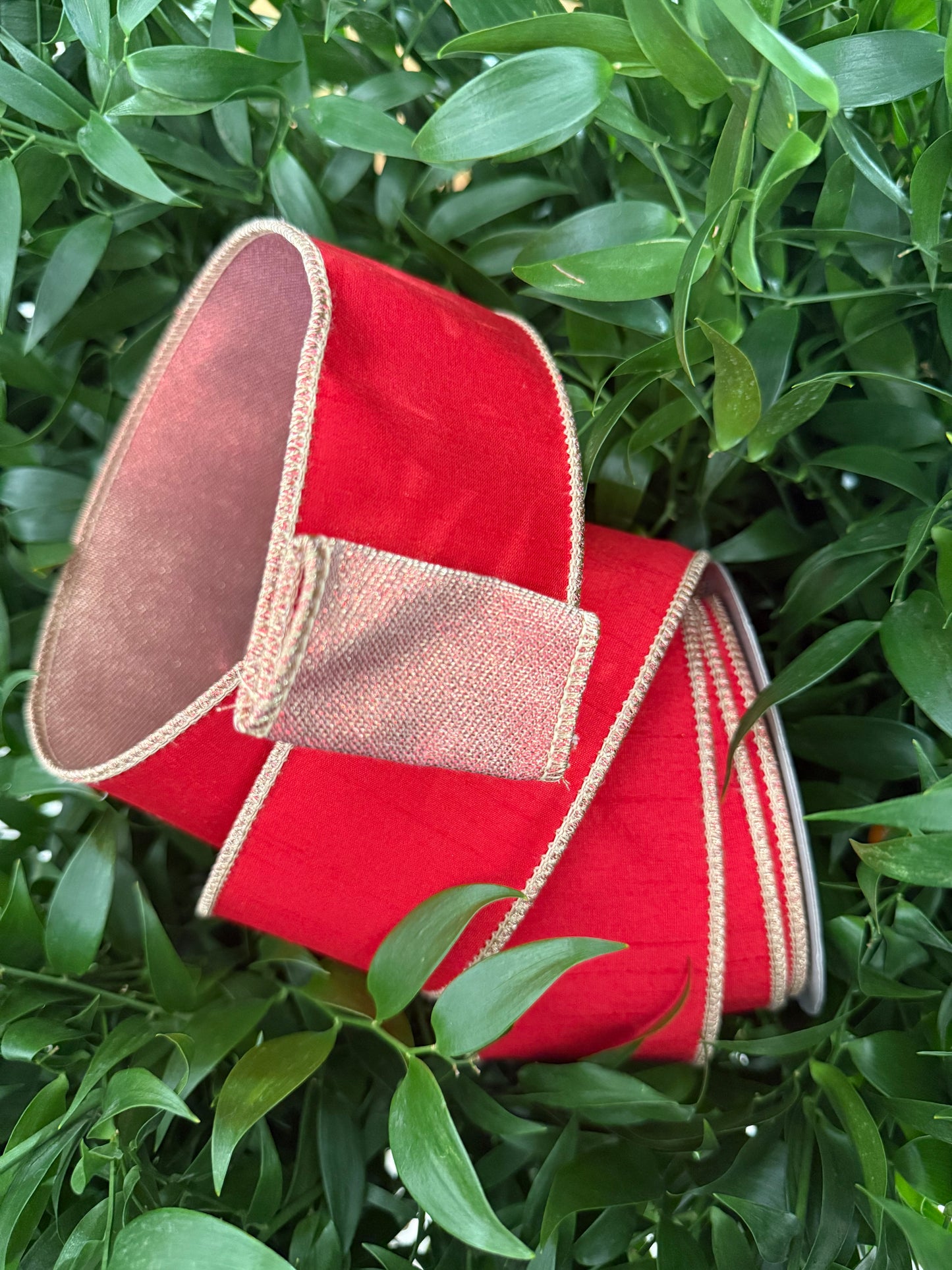 JME heavy wired ribbon. RED Dupion with Red/Gold Mesh Back 2.5"x 10YDS