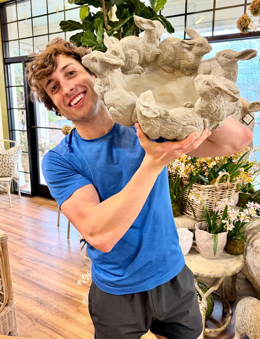 Gray Resin Rabbits in Circle Planter 15.5"X 14"X 7"