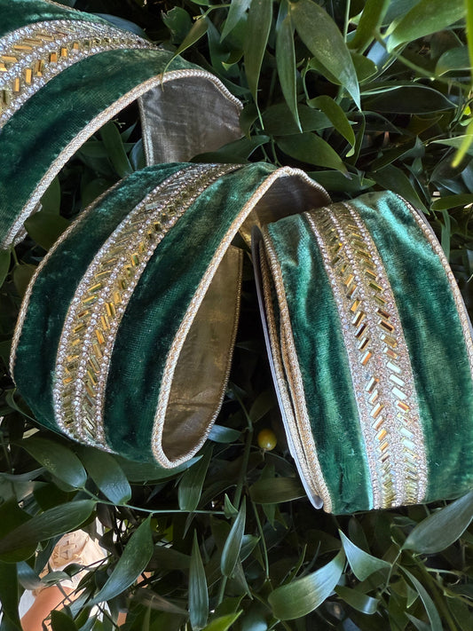 JME heavy wired ribbon. DARK GREEN Velvet with Gold Jeweled Band and Metallic Back 2.5"x 10YDS