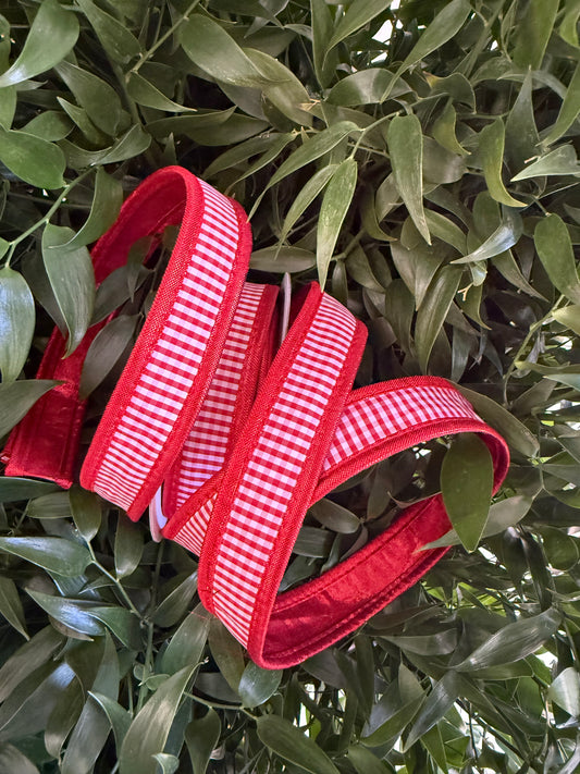 JME heavy wired ribbon. RED/WHITE Mini Check with Red Metallic Back 1"x 10YDS