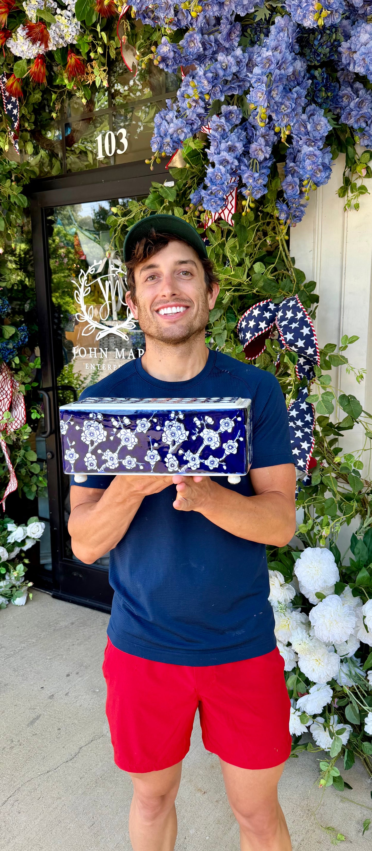 Blue/White Ceramic Flower Arranger 11"x 5"x 5"