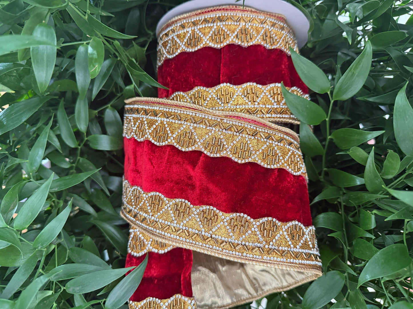 JME heavy wired ribbon. RED Velvet with Gold Jeweled Scalloped Trim and Metallic Back 4"x 5YDS