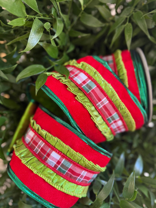 JME heavy wired ribbon. RED Velvet with Lime Metallic Ruffle and Red Plaid Band and Lime Back 4"x 10YDS