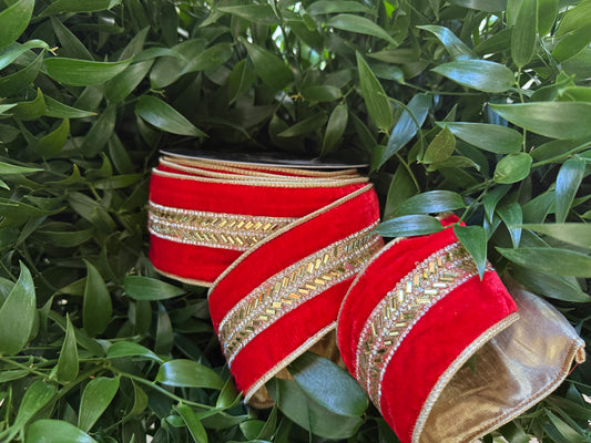 JME heavy wired ribbon. RED Velvet with Gold Jeweled Band and Metallic Back 2.5"x 10YDS