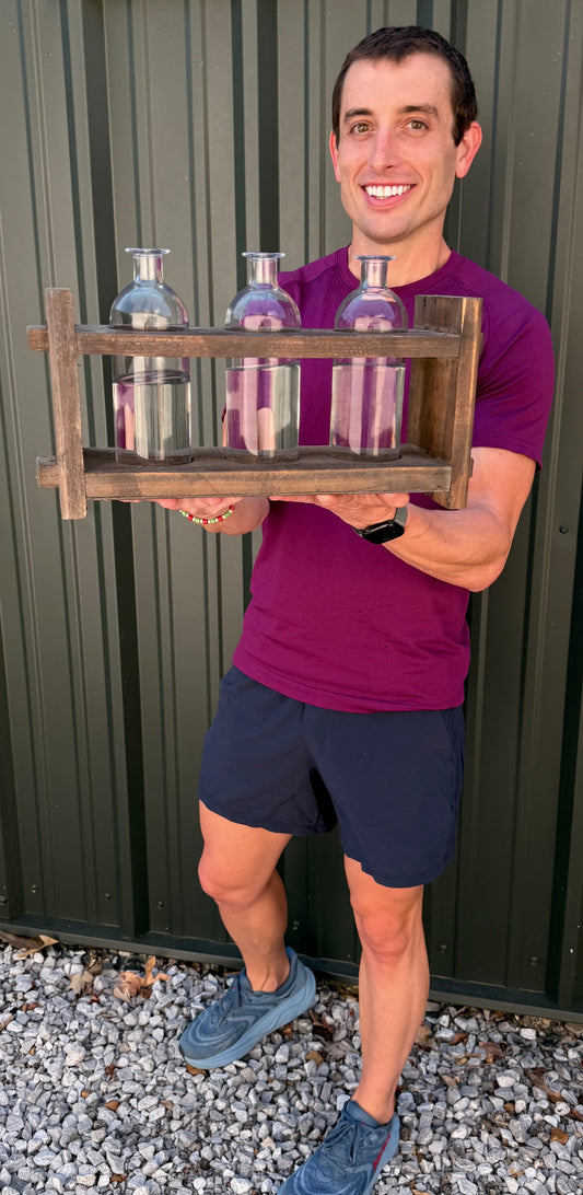Wood Floral Arranger with 3 Glass Bottles