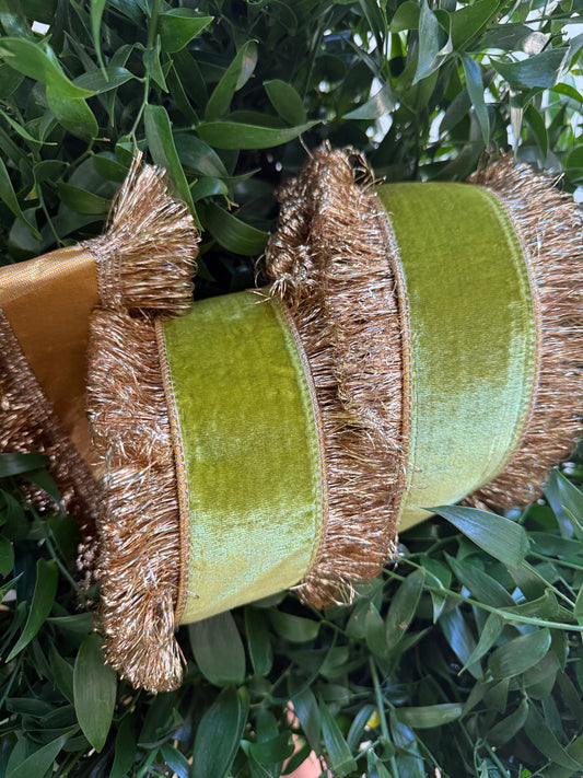 JME heavy wired ribbon. APPLE GREEN Velvet with Gold Tinsel Shag Edge 4"x 10YDS