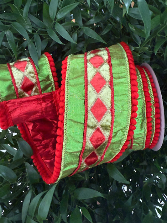 JME heavy wired ribbon. RED/LIME Harlequin Band with Red Pom Pom Trim 4"x 10YDS