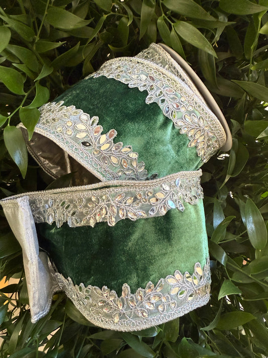 JME heavy wired ribbon. DARK GREEN Velvet with Silver Leaf Jeweled Trim and Metallic Back 4"x 5YDS