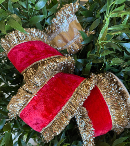 JME heavy wired ribbon. RED Velvet with Gold Tinsel Shag Edge 4"x 10YDS