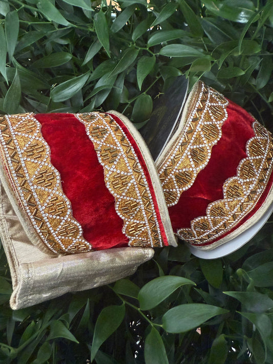 JME heavy wired ribbon. RED Velvet with Gold Jeweled Scalloped Trim and Piped Edge 4"x 5YDS