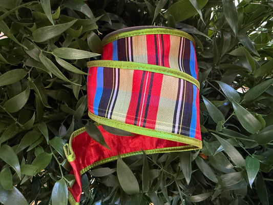 JME heavy wired ribbon. RED/BLUE/BLACK Plaid with Lime Metallic Edge and Red Metallic Back 2.5"x 10YDS