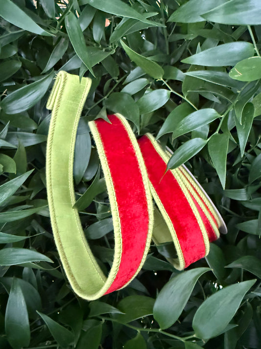 JME heavy wired ribbon. RED Velvet with Lime Dupion Back 1"x 10YDS