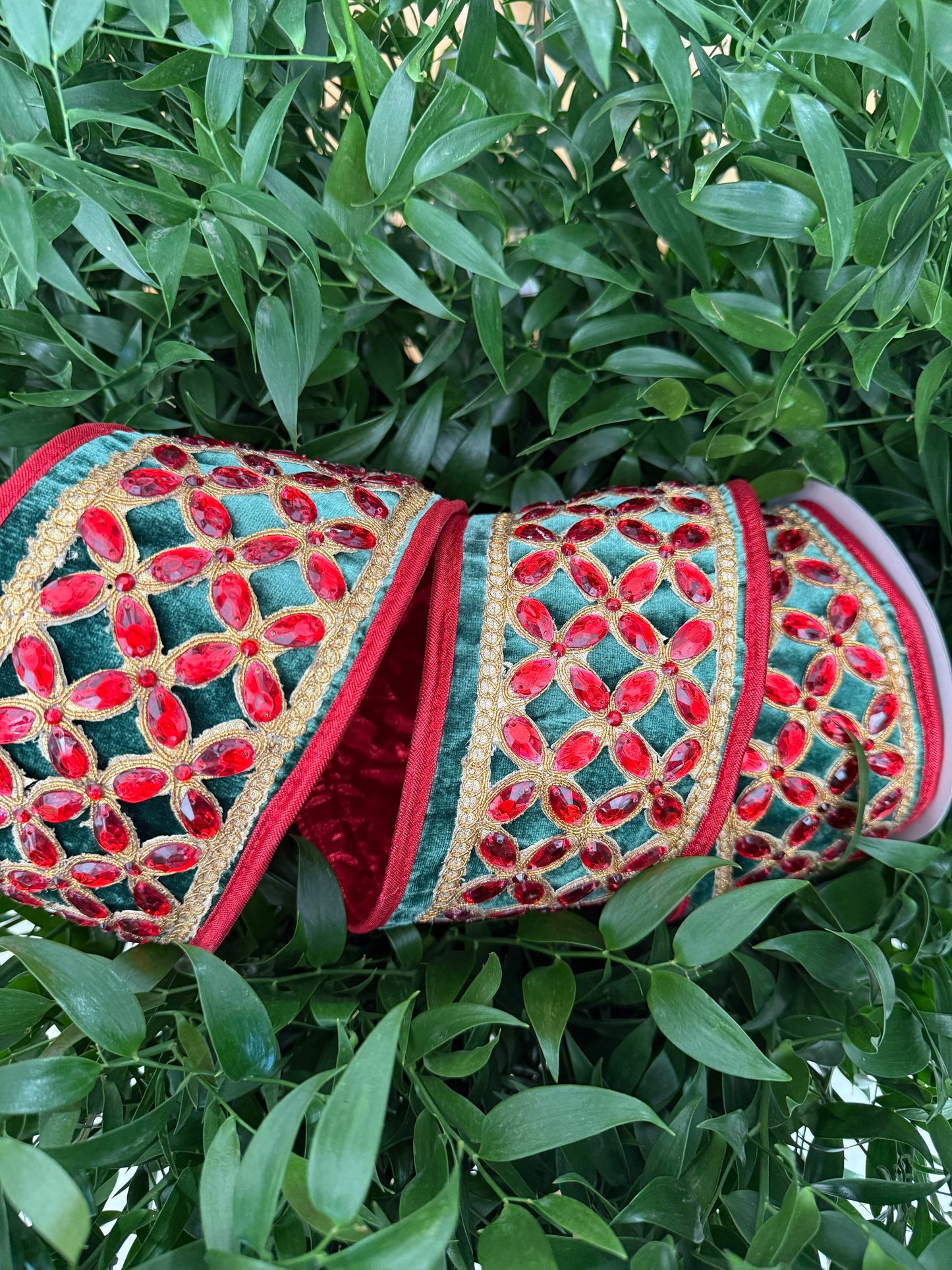 JME heavy wired ribbon. DARK GREEN Velvet with Red Jeweled Band and Metallic Back 4"x 5YDS