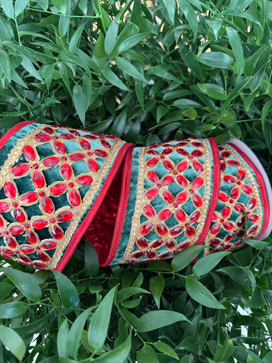 JME heavy wired ribbon. DARK GREEN Velvet with Red Jeweled Band and Metallic Back 4"x 5YDS