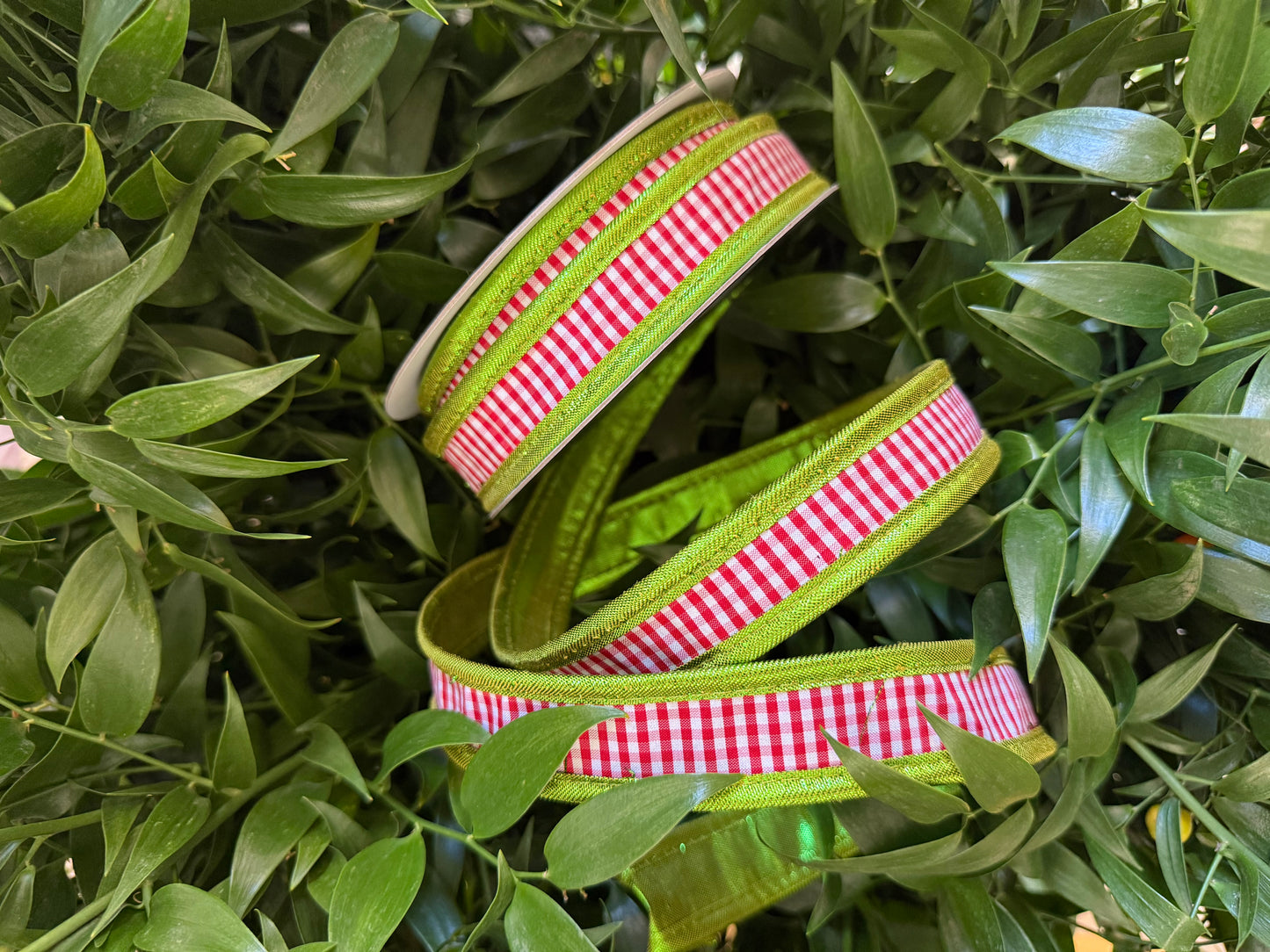 JME heavy wired ribbon. RED/WHITE Mini Check with Lime Metallic Back 1"x 10YDS