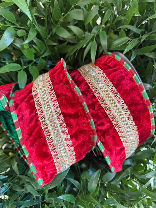 JME heavy wired ribbon. RED Velvet with Gold Stitched Jeweled Band and Green Metallic Back 4"x 10YDS