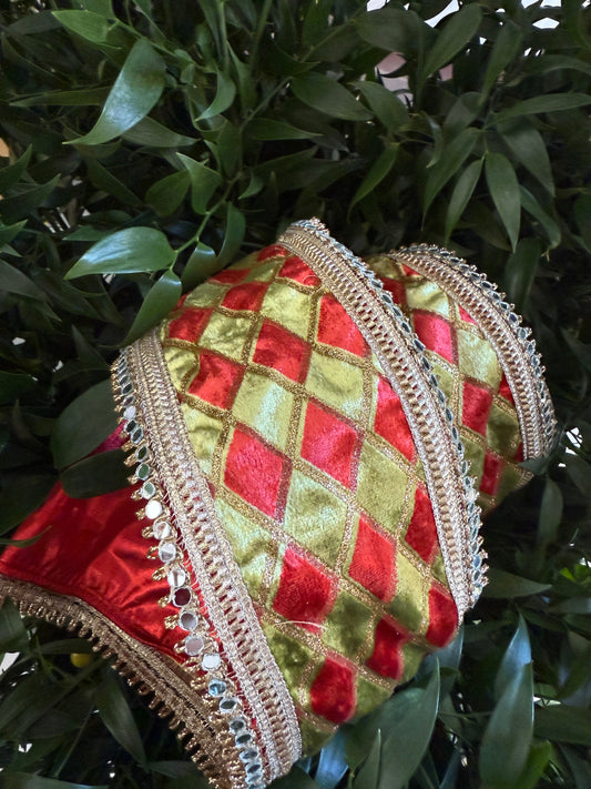 JME heavy wired ribbon. RED/LIME Harlequin with Gold Jeweled Edge and Red Metallic Back 4"x 5YDS