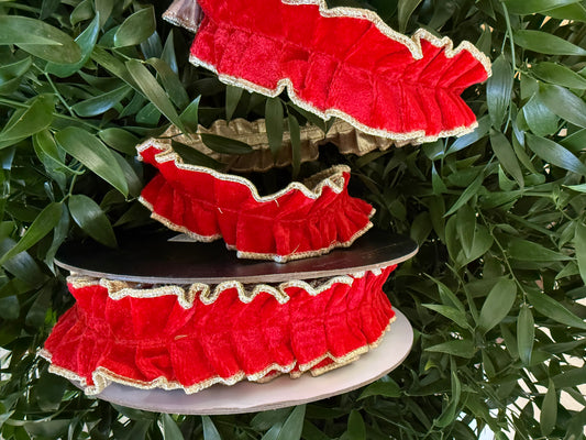 JME heavy wired ribbon. RED Velvet Pleating with Gold Metallic Back 2"x 10YDS