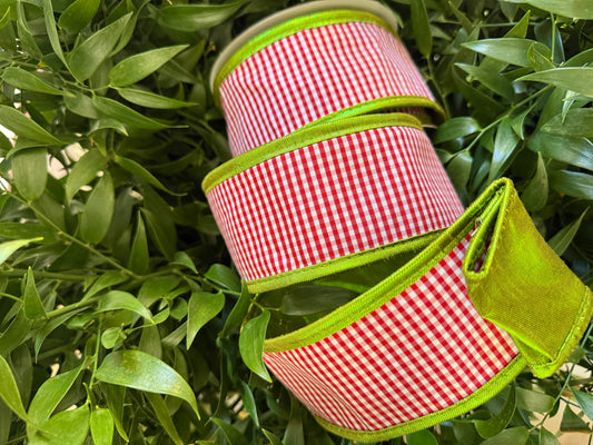 JME heavy wired ribbon. RED/WHITE Mini Check with Lime Metallic Back 2.5"x 10YDS