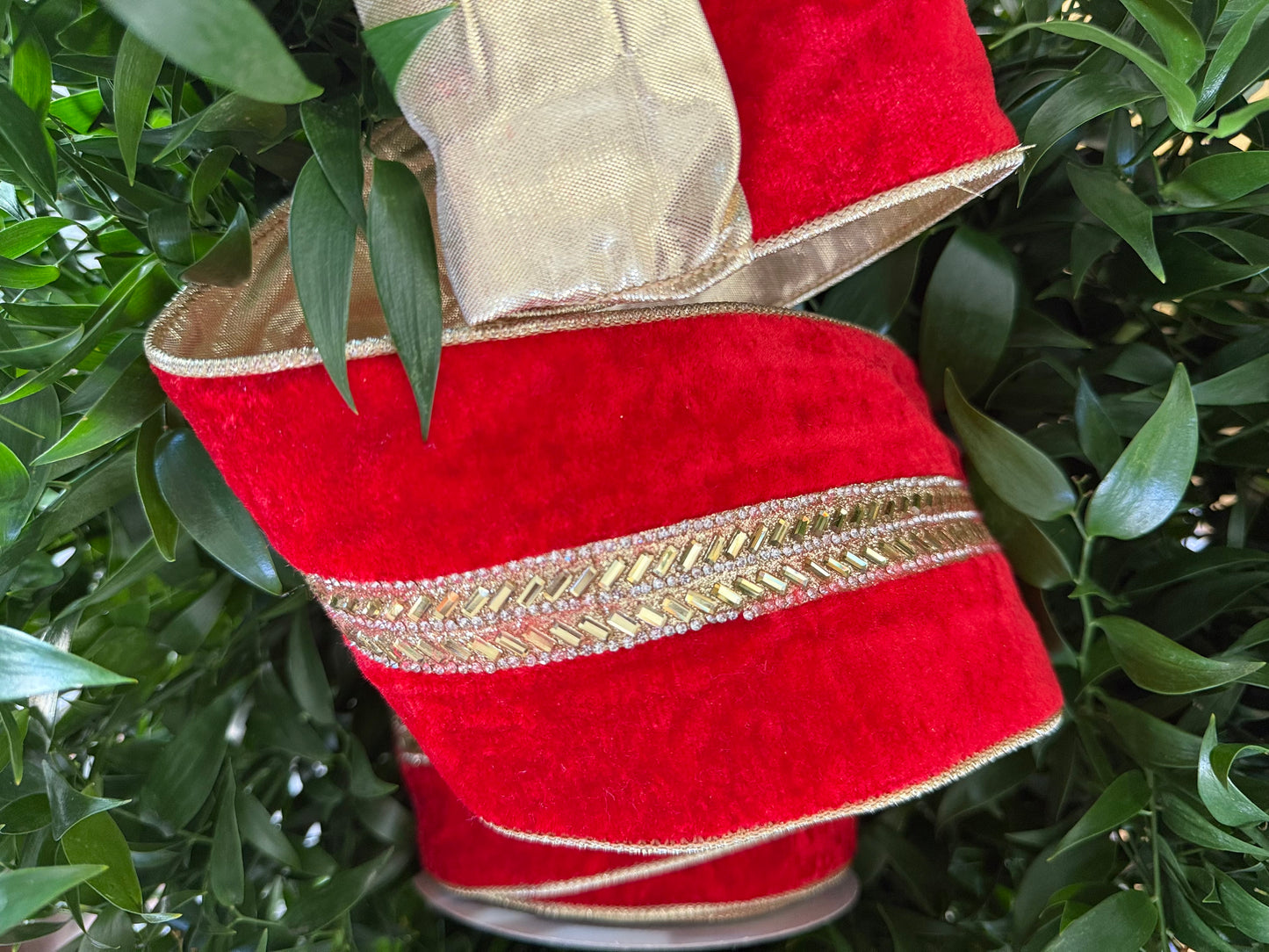JME heavy wired ribbon. RED Velvet with Gold Jeweled Band and Metallic Back 4"x 10YDS