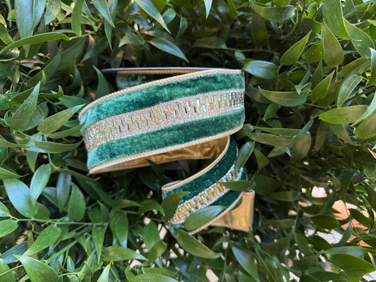 JME heavy wired ribbon. DARK GREEN Velvet with Gold Jeweled Band and Metallic Back 1.5"x 5YDS